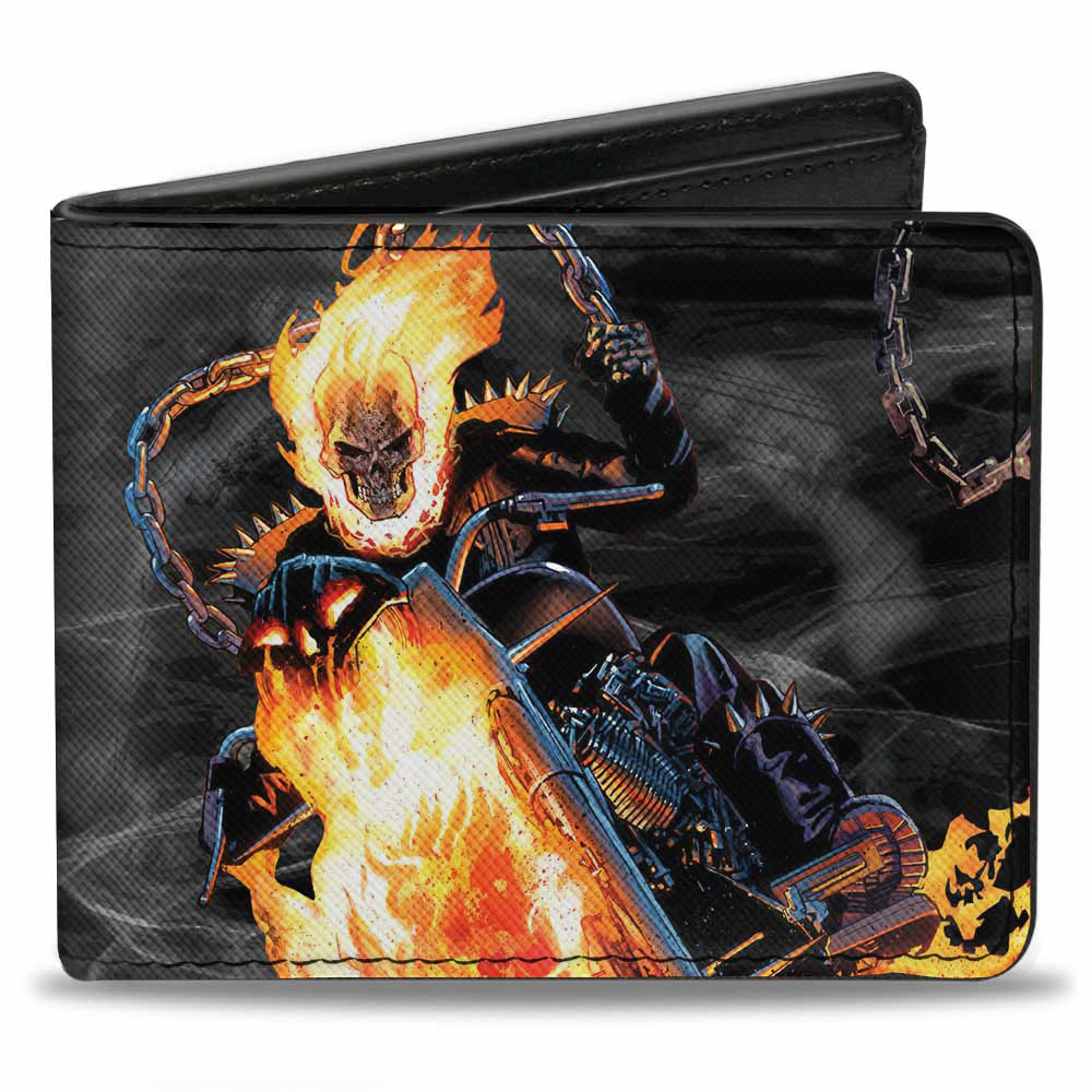 MARVEL UNIVERSE Bi-Fold Wallet - Ghostrider Riding Pose + Skull Smoke Black Grays Flames