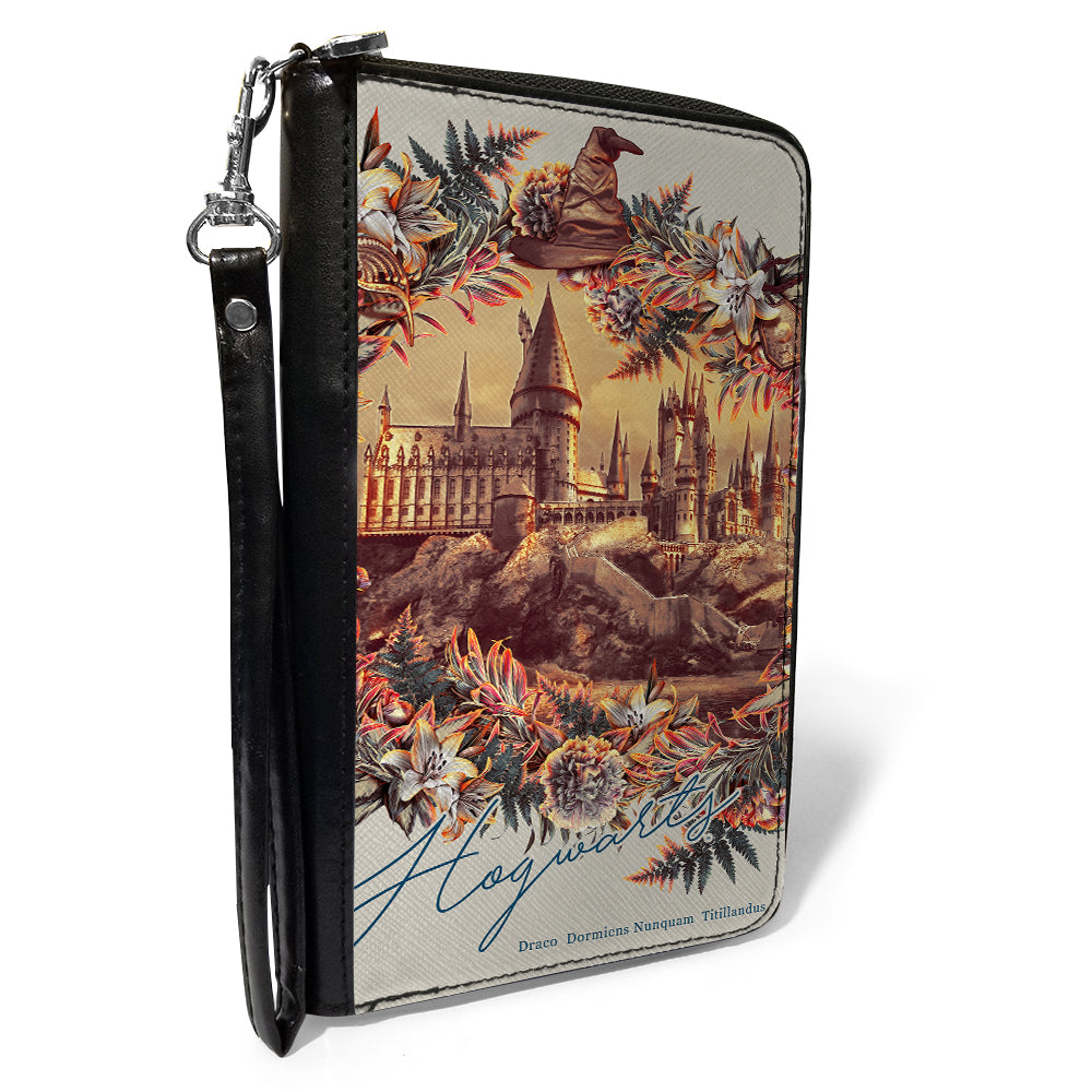 Women&#39;s PU Zip Around Wallet Rectangle - Harry Potter Hogwarts Castle Floral Collage Gray
