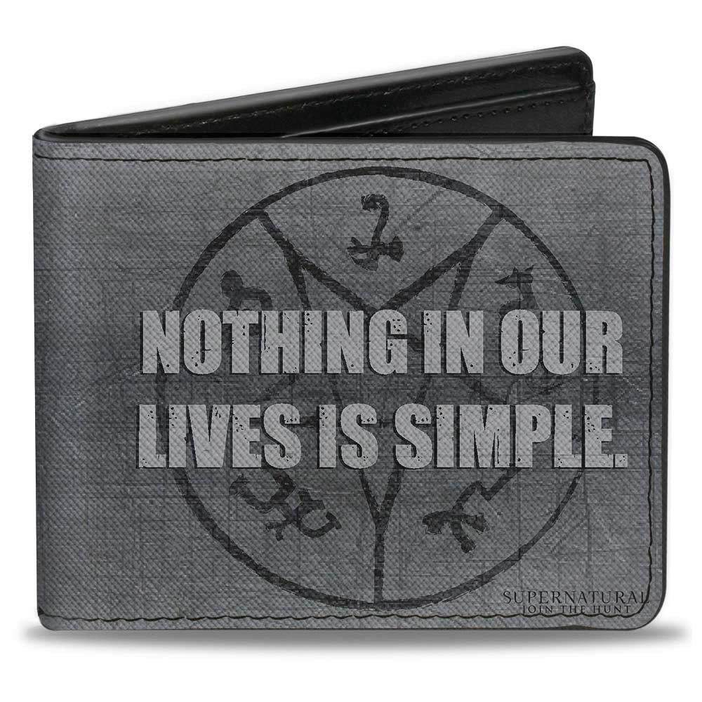 Bi-Fold Wallet - Supernatural NOTHING IN OUR LIVES IS SIMPLE Devil's Trap Symbol + Logo Grays