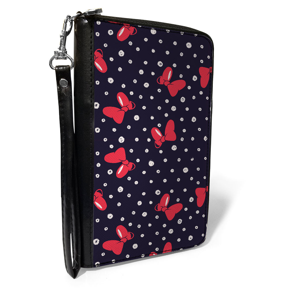 Women&#39;s PU Zip Around Wallet Rectangle - Minnie Mouse Bow and Dots Scattered Black Red White