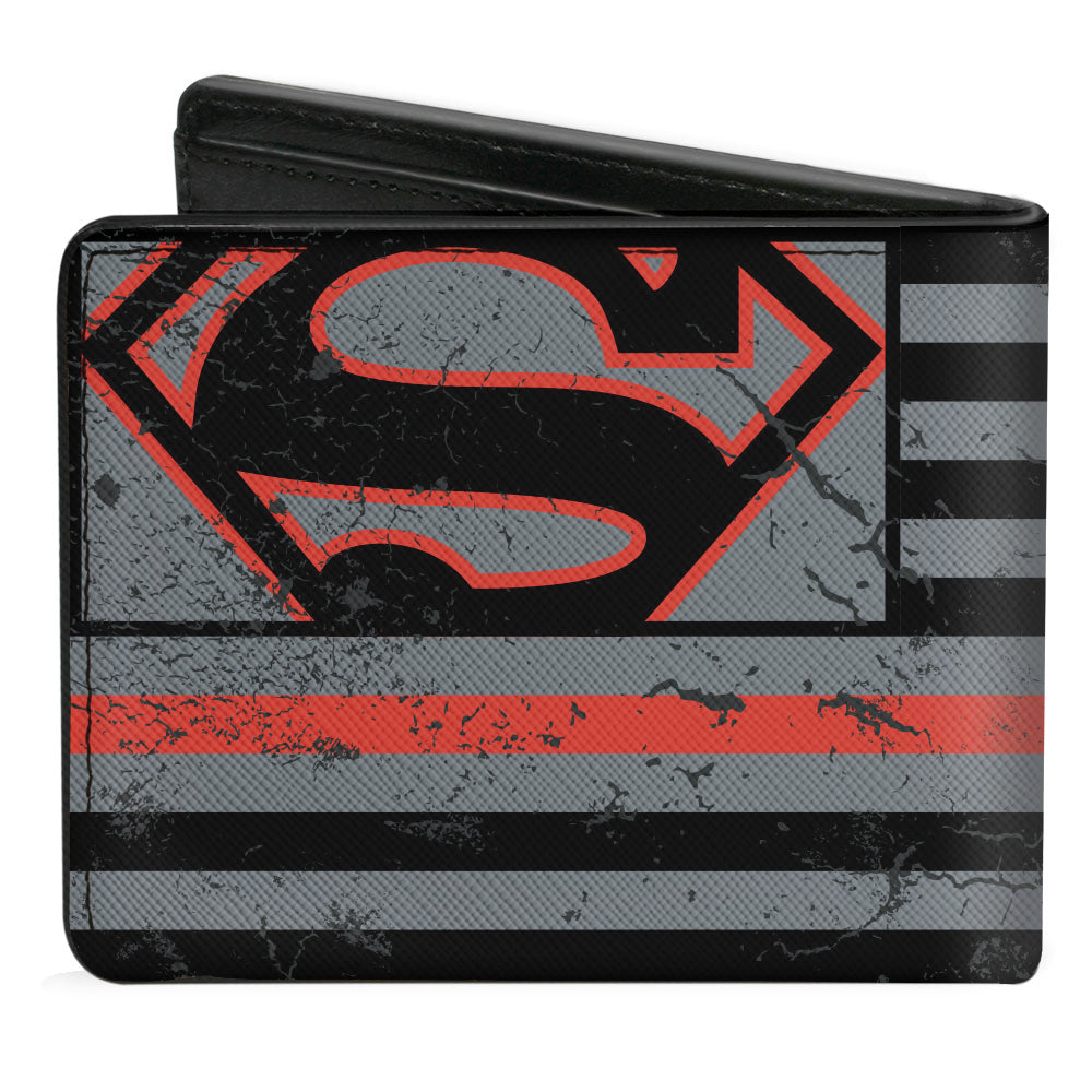 Bi-Fold Wallet - Superman Shield Thin Red Line Weathered Gray Black Red