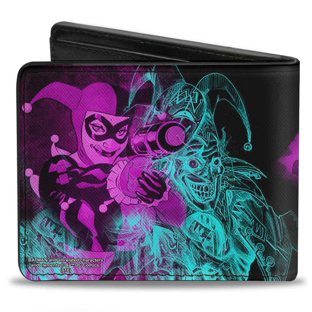 Bi-Fold Wallet - HARLEY QUINN Pow + Aiming Poses Joker Sketch Black Turquoise Fuchsia