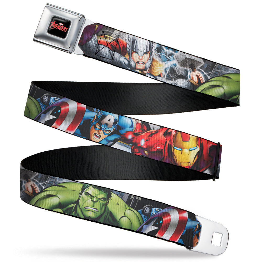 MARVEL AVENGERS Logo Full Color Black/Red/White Seatbelt Belt - Marvel Avengers 4-Superhero Poses CLOSE-UP Webbing