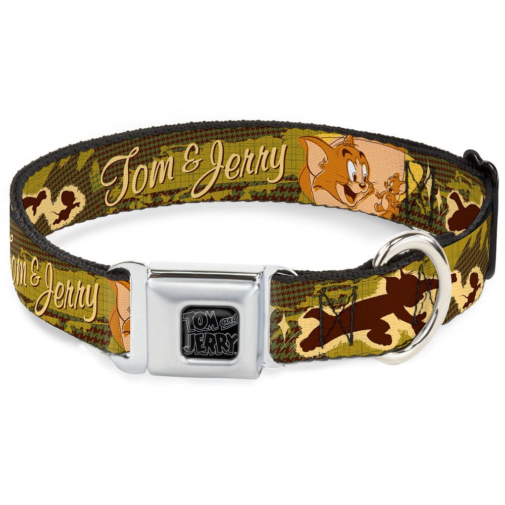 Tom and Jerry Logo Full Color Black Red Seatbelt Buckle Collar - TOM &amp; JERRY Tom Chasing Jerry Houndstooth Browns
