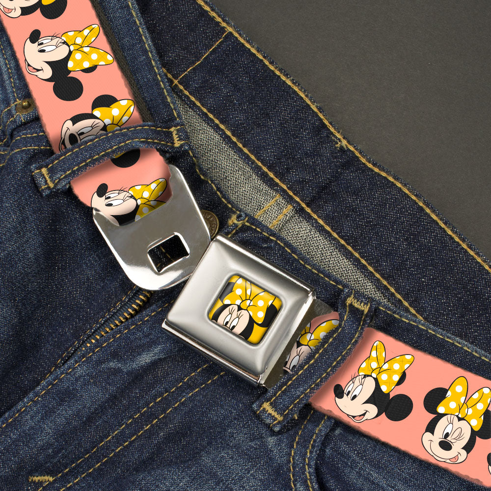Minnie Mouse w/Bow CLOSE-UP Full Color Yellow/White Seatbelt Belt - Minnie Mouse Yellow Bow Expressions Peach Webbing