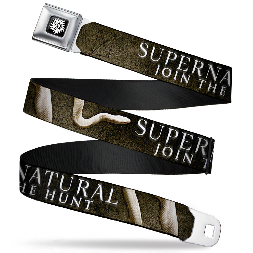 Winchester Logo Full Color Black White Seatbelt Belt - SUPERNATURAL-JOIN THE HUNT/White Snake Webbing