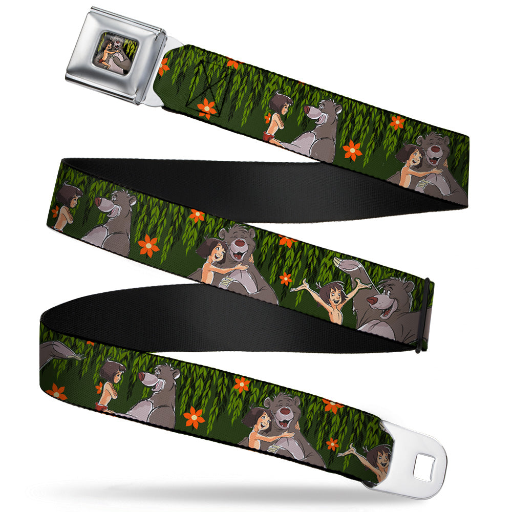 Mowgli &amp; Baloo Hugging Leaves Full ColorBlack Greens Seatbelt Belt - Mowgli &amp; Baloo 3-Poses Leaves/Flowers Greens/Orange Webbing