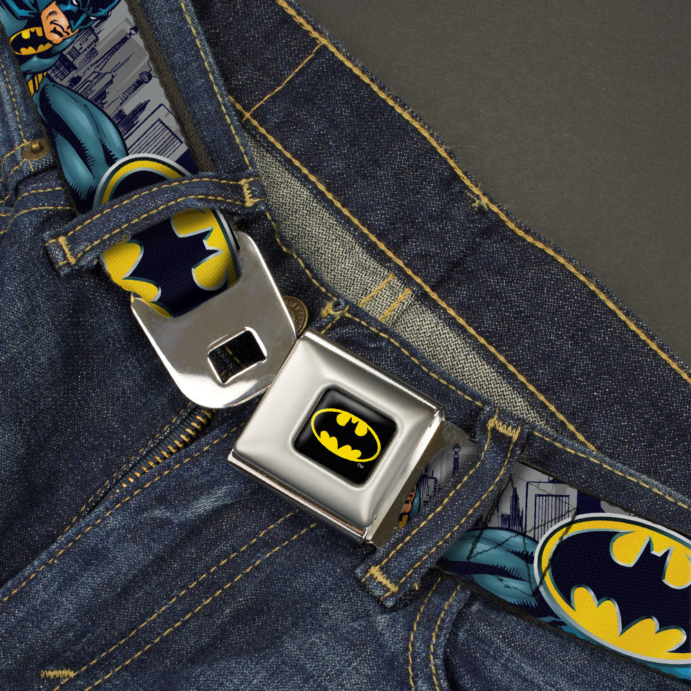 Batman Full Color Black Yellow Seatbelt Belt - Batman Bold Power Pose/Logo/Skyline Grays/Black Webbing