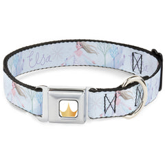 Disney Princess Crown Full Color Golds Seatbelt Buckle Collar - Frozen Elsa Snowflake Pose with Trees and Script Blues/Purples