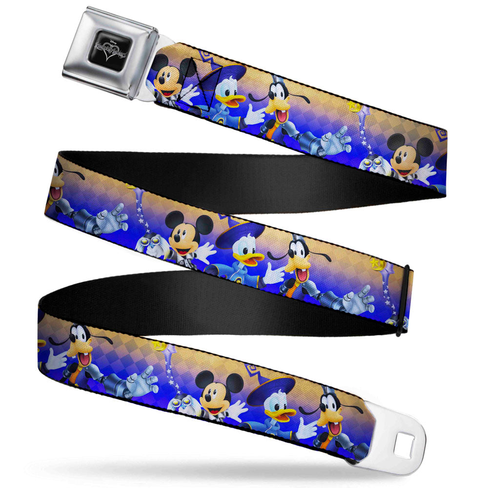 KINGDOM HEARTS Logo Full Color Black/Silver/Blue Fade Seatbelt Belt - Kingdom Hearts Birth by Sleep Mickey/Donald Duck/Goofy Group Pose/Diamonds Gold/Purple-Fade Webbing