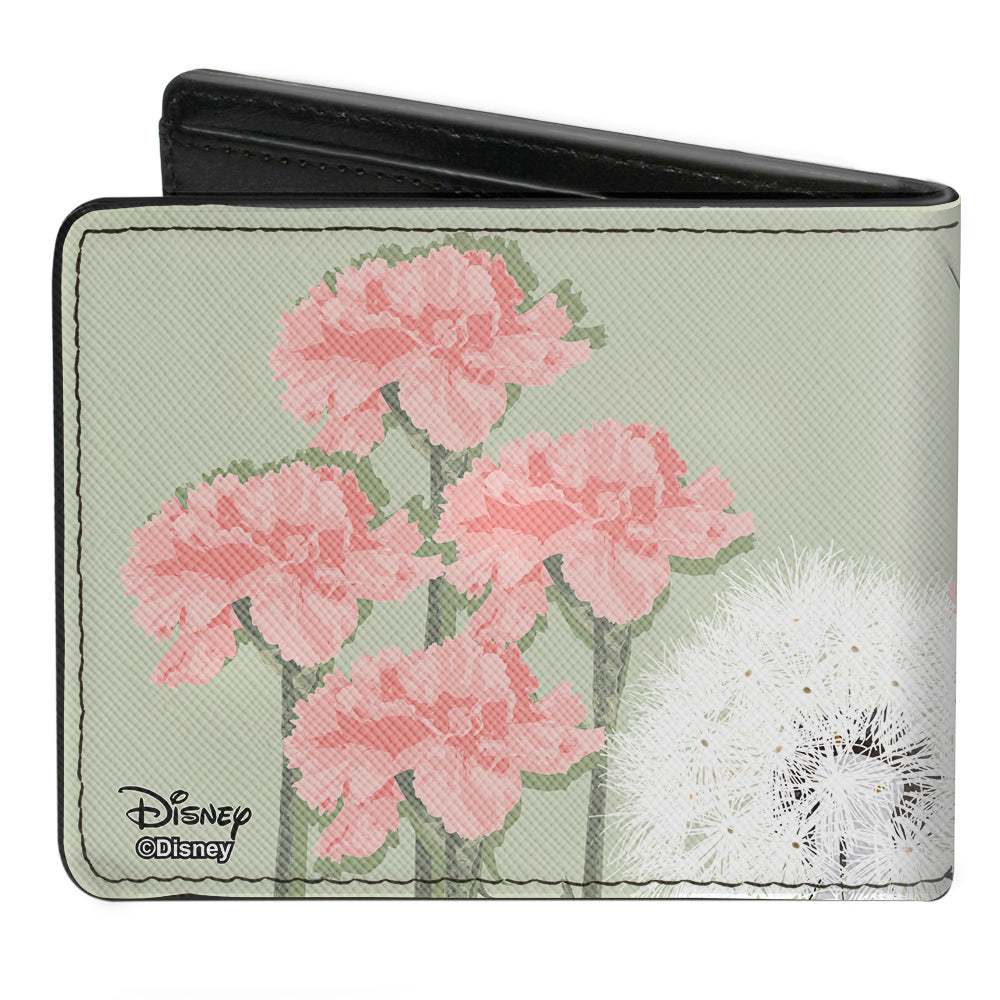 Bi-Fold Wallet - Tinker Bell Sketch Carnations Dandelions Sage Greens Pinks White