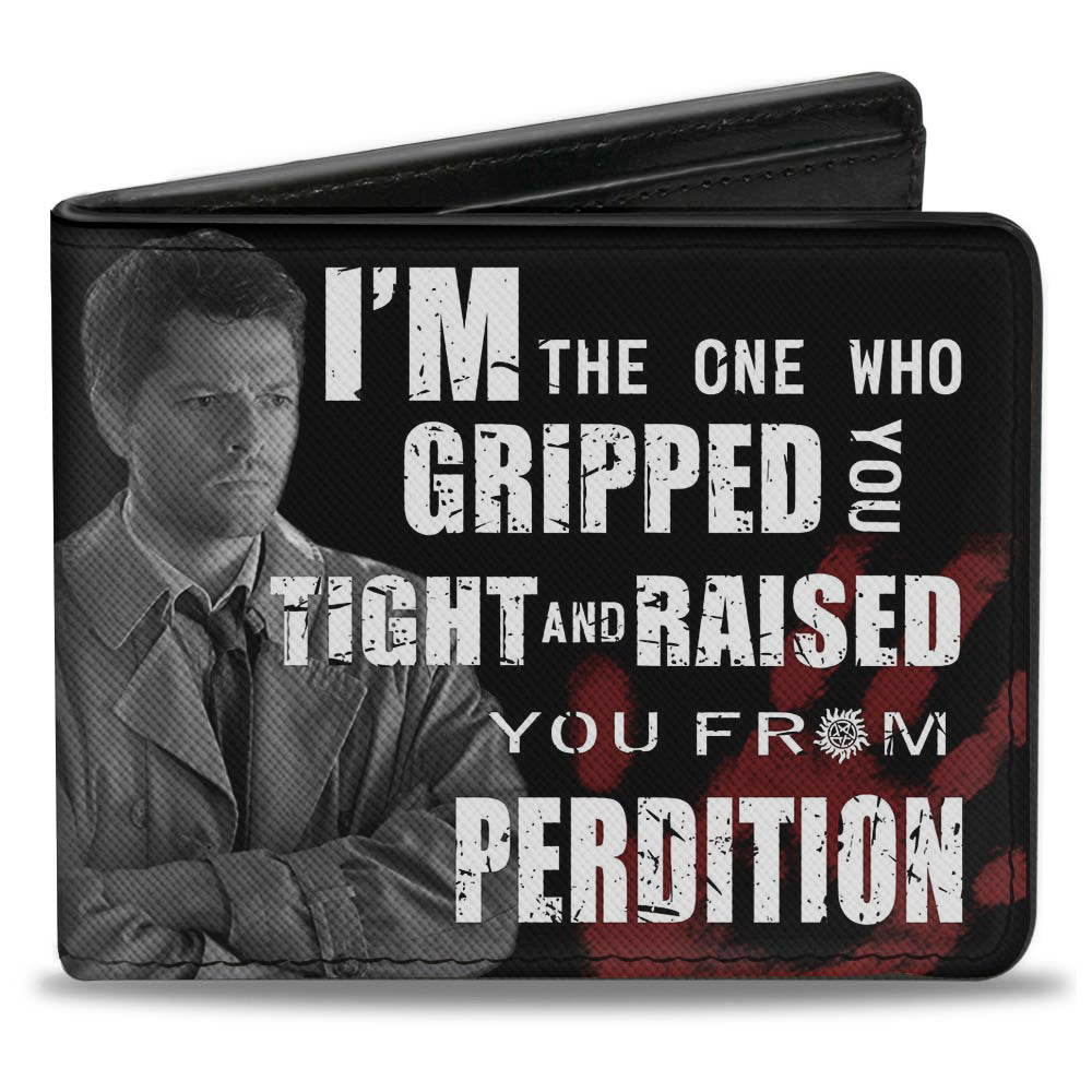 Bi-Fold Wallet - Castiel Pose I&#39;M THE ONE WHO GRIPPED YOU TIGHT AND RAISED YOU FROM PERDITION + SUPERNATURAL Black Grays Red White