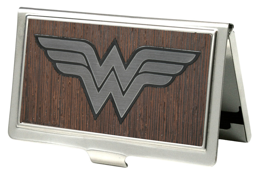Business Card Holder - SMALL - Wonder Woman Logo Marquetry Black Walnut Metal