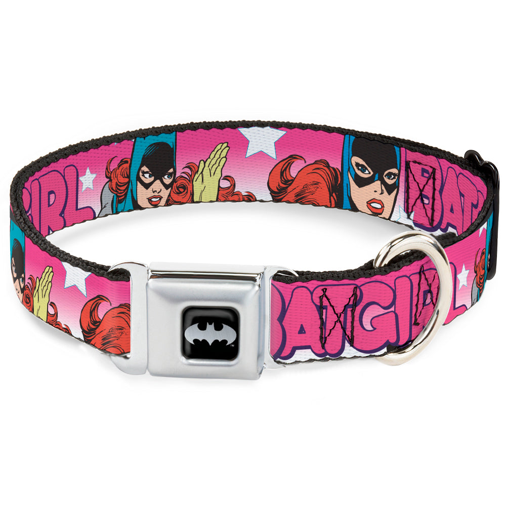 Batman Black/Silver Seatbelt Buckle Collar - BATGIRL Bubble Letters w/Stars Pink/White