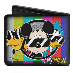 Bi-Fold Wallet - Pluto Mickey Mouse Donald Duck STAY FRESH Group Pose Multi Color Television Bars
