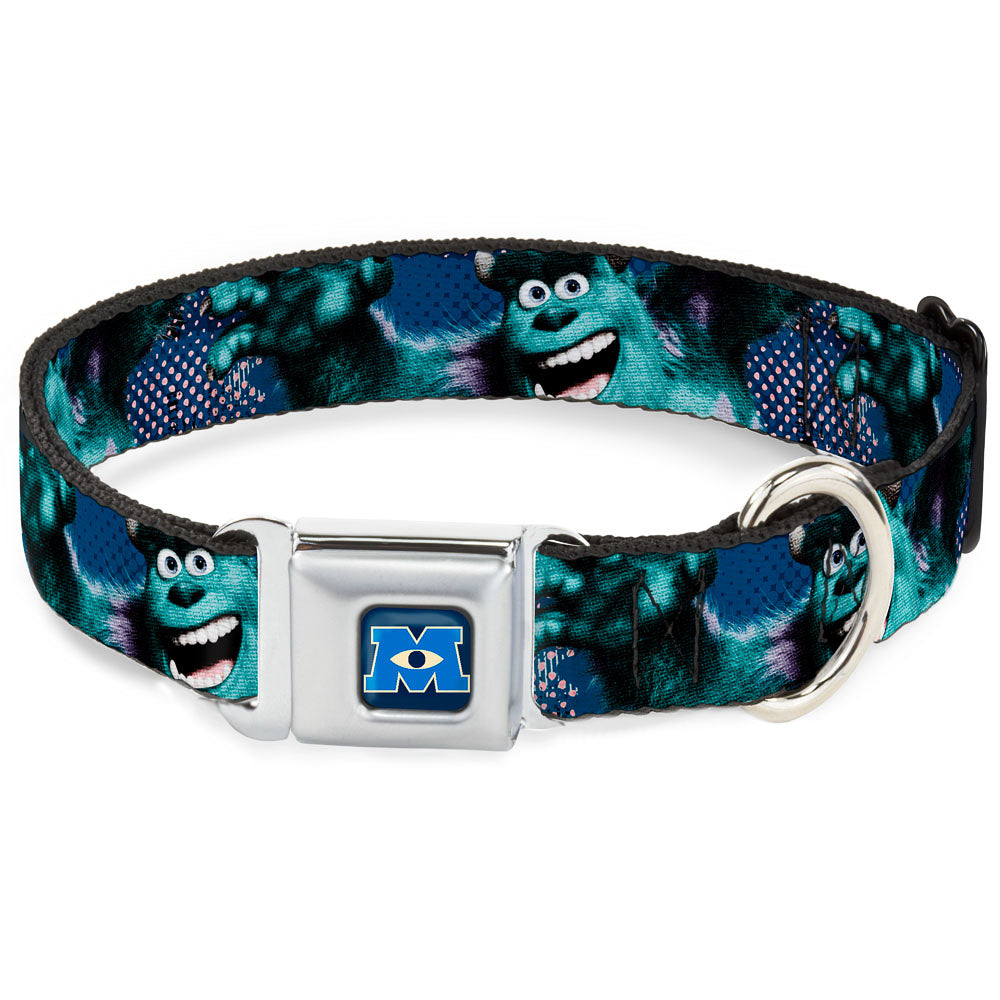 Monsters University Logo Full Color Blue White Seatbelt Buckle Collar - Sulley Scare Pose/Dots Blues/White