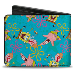 Bi-Fold Wallet - SpongeBob Patrick and Gary Joy Poses and Flowers Scattered Blue
