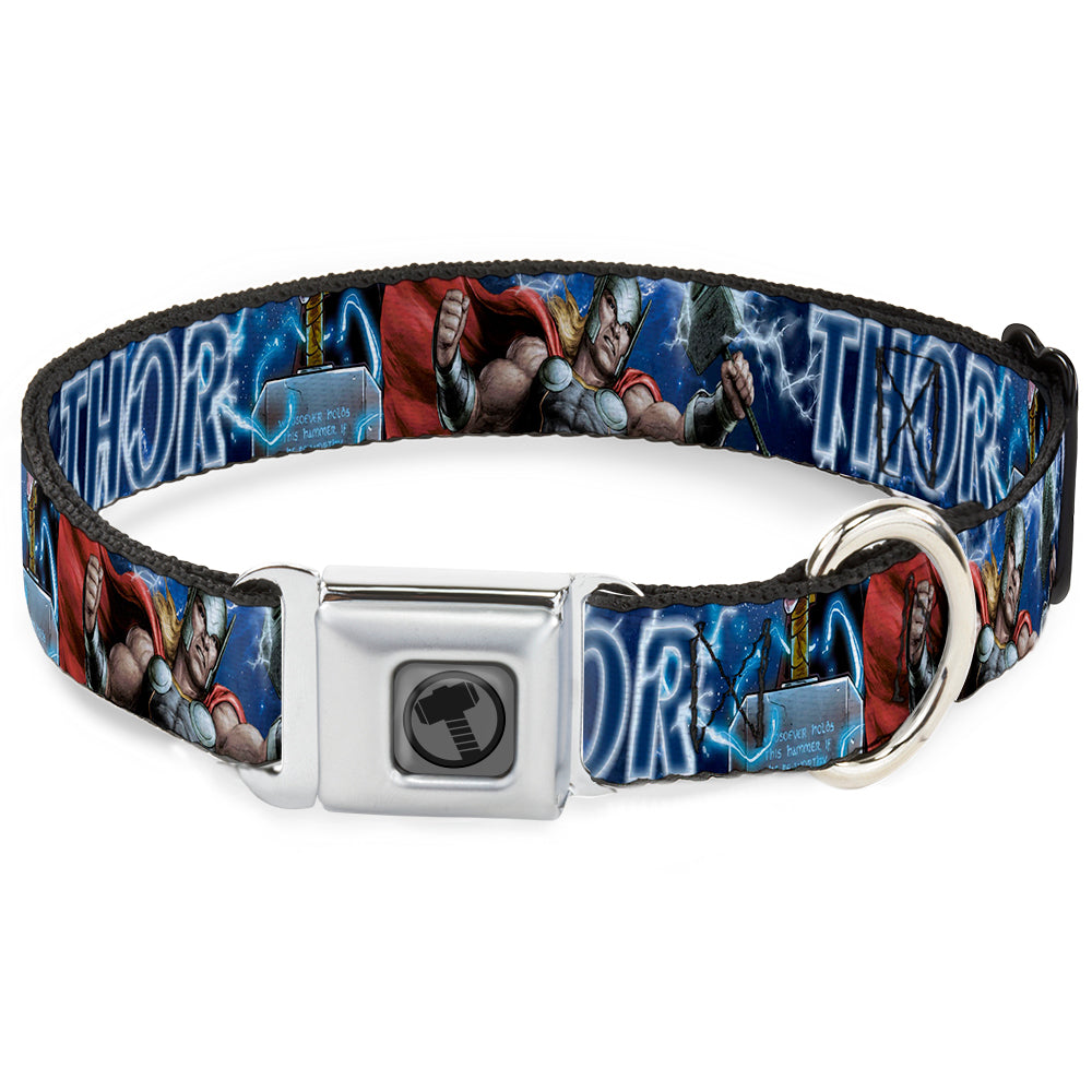 Thor Avengers Icon Silver/Black Seatbelt Buckle Collar - Avengers THOR Hammer/Action Pose Galaxy Blues/White