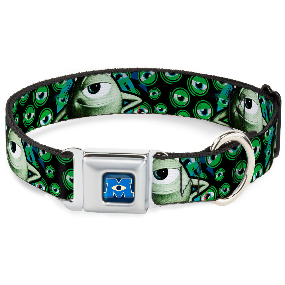 Monsters University Logo Full Color Blue White Seatbelt Buckle Collar - Mike Poses/Eyeballs Black/Greens