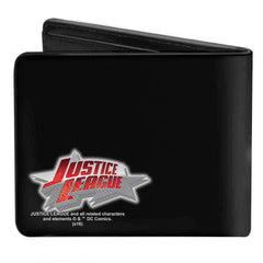 Bi-Fold Wallet - Justice League 4-Superhero Group Pose Splatter + Logo Black Gray Red Multi Color