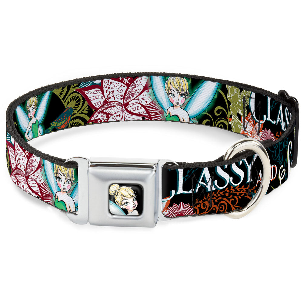 Tinker Bell Sketch Full Color Black Seatbelt Buckle Collar - Tinker Bell Floral Collage CLASSY AND SASSY