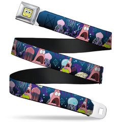 Sponge Bob Face CLOSE-UP Full Color Seatbelt Belt - Surprised Patrick Starfish/Jellyfish Blues/Purple/Pinks Webbing