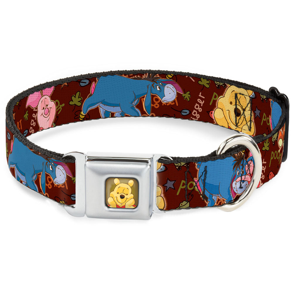 Winnie the Pooh Face Full Color Radial Brown Fade Seatbelt Buckle Collar - Winnie the Pooh Character Poses