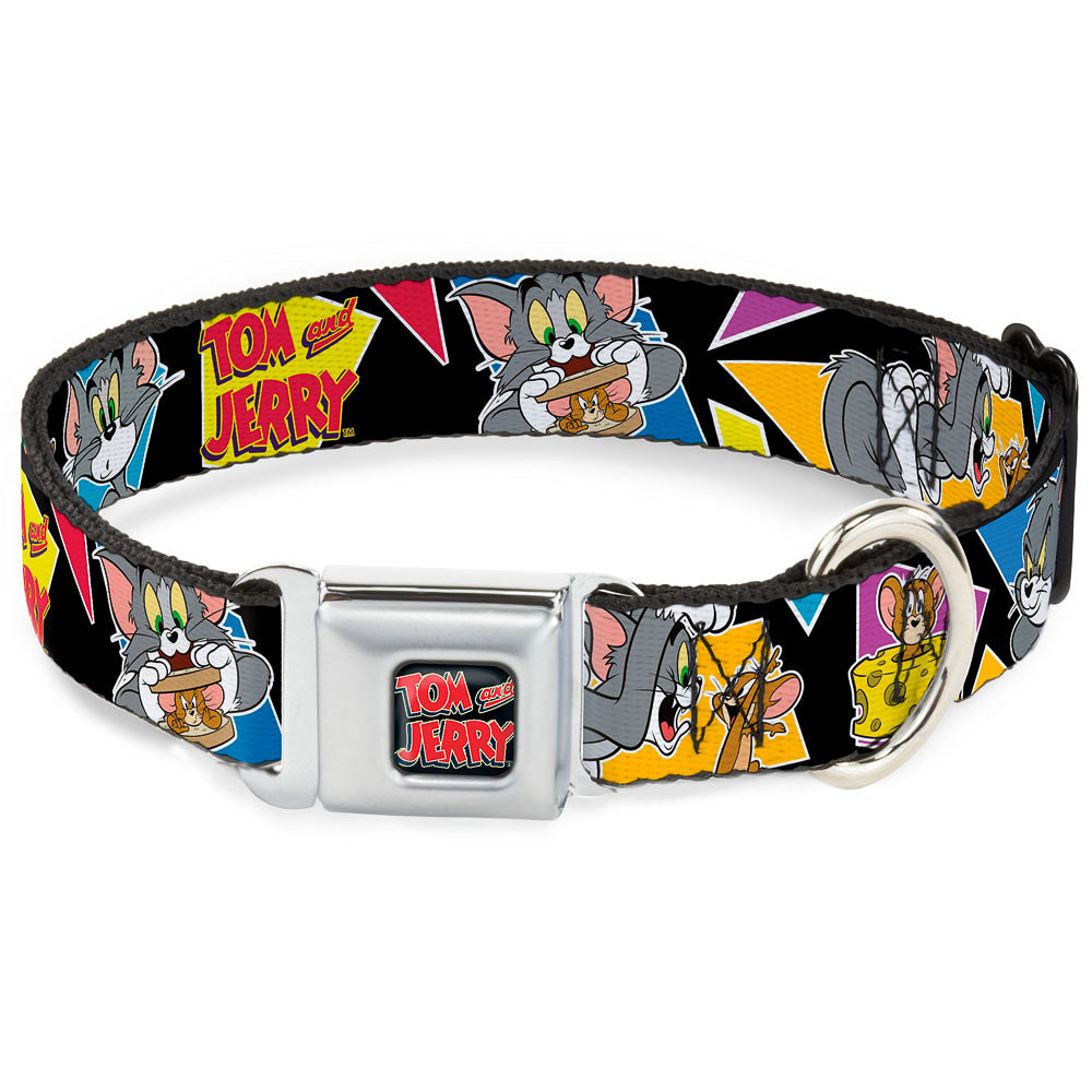 Tom and Jerry Logo Full Color Black Red Seatbelt Buckle Collar - TOM &amp; JERRY Poses Black/Multi Color