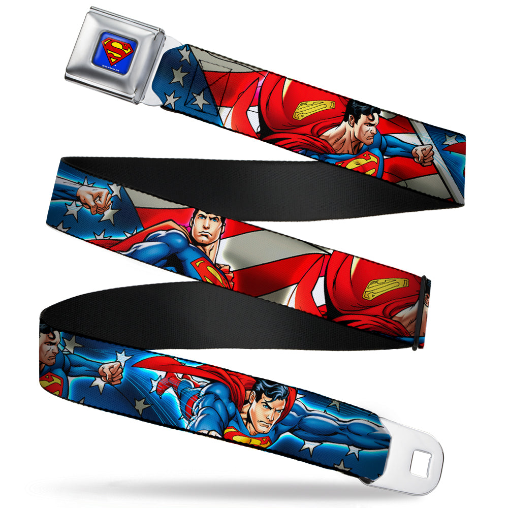 Superman Full Color Blue Seatbelt Belt - Superman Action Poses/Stars & Stripes Webbing