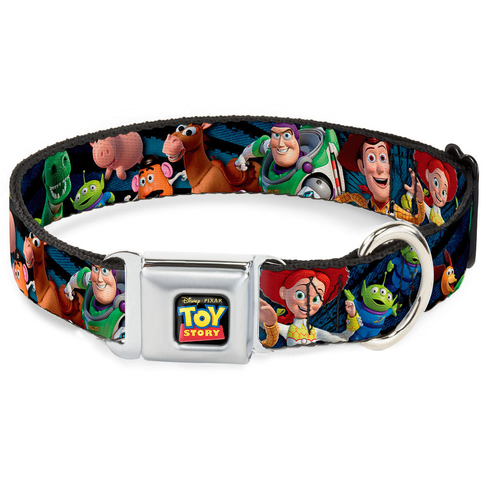 TOY STORY Logo Full Color Black Seatbelt Buckle Collar - Toy Story Characters Running Denim Rays