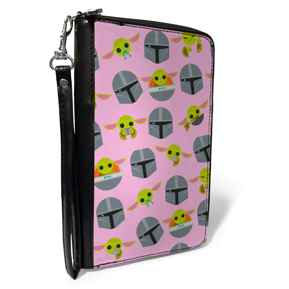 Women&#39;s PU Zip Around Wallet Rectangle - Star Wars The Mandalorian and Baby Yoda Poses Scattered Pink