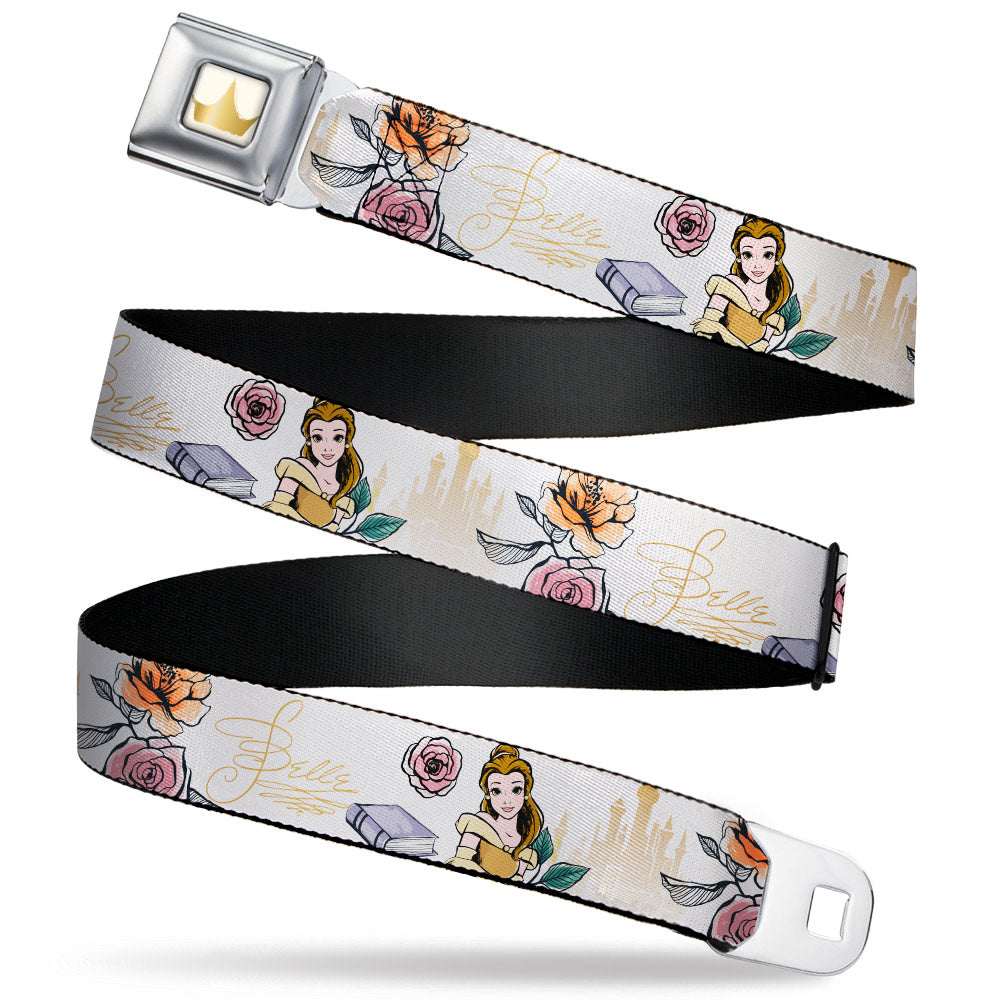 Disney Princess Crown Full Color Golds Seatbelt Belt - Beauty and the Beast Belle Castle Pose with Script and Flowers White/Yellows Webbing