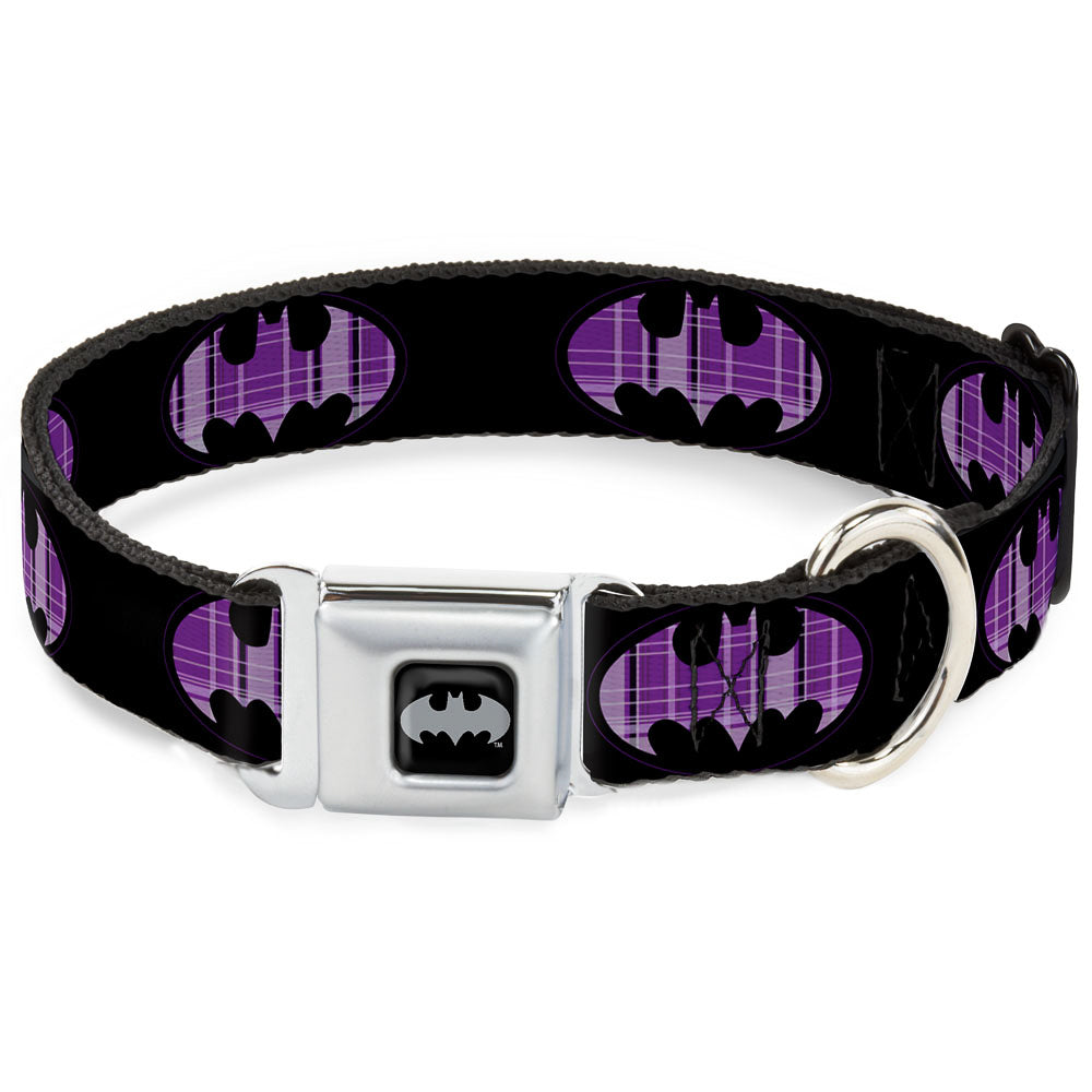 Batman Black Silver Seatbelt Buckle Collar - Batman Signal Black/Purple Plaid