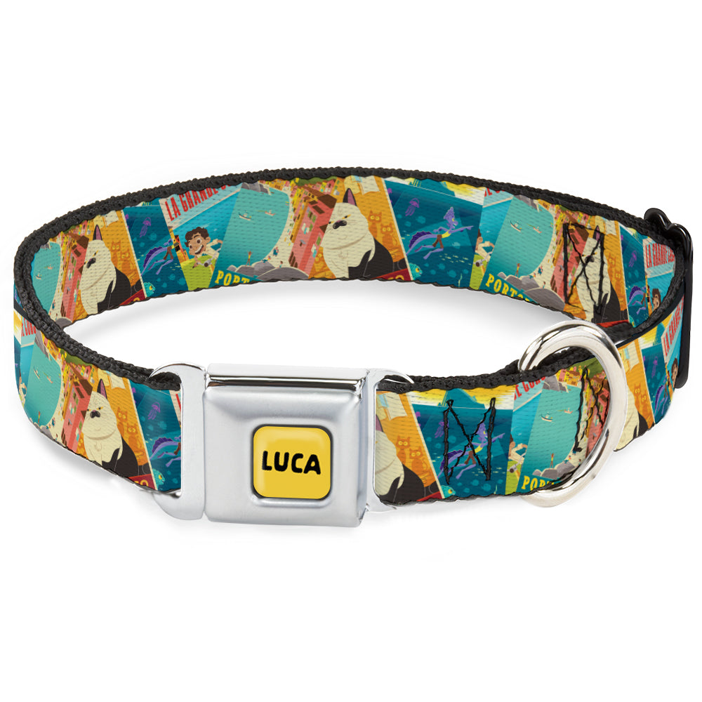 LUCA Logo Full Color Yellow/Black Seatbelt Buckle Collar - Luca The Piazza Poster Collage Stacked