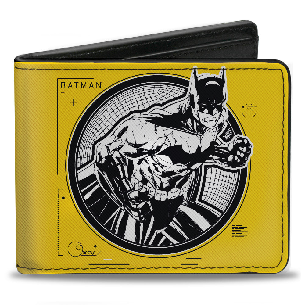 Bi-Fold Wallet - Batman Tech Action Pose + Bat Logo Yellow Black White