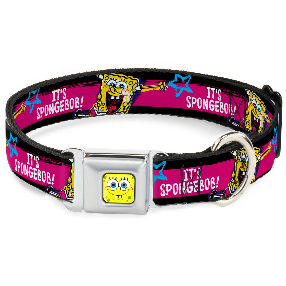 SpongeBob Face CLOSE-UP Full Color Seatbelt Buckle Collar - SpongeBob Pose IT&#39;S SPONGEBOB! Stripe Black/Pink/Blue/White
