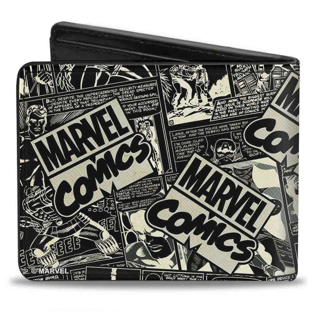 MARVEL COMICS Bi-Fold Wallet - 6-Retro Avengers Action Poses MARVEL COMICS Logo Comic Scenes Black White Full Color