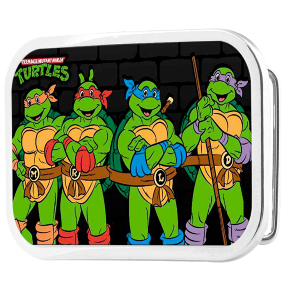 Classic Teenage Mutant Ninja Turtles Logo Group Pose Brickwall FCG - Chrome Rock Star Buckle