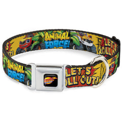 BLAZE AND THE MONSTER MACHINES Logo Full Color Black/Orange/Yellow/Purple Seatbelt Buckle Collar - Blaze & Stripes ANIMAL FORCE Pose/LET'S ROLL OUT! Pop Art Yellows/Reds