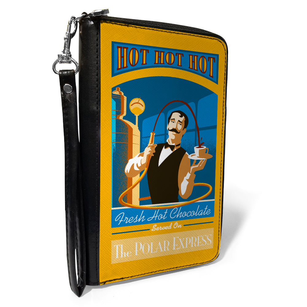 Women&#39;s PU Zip Around Wallet Rectangle - THE POLAR EXPRESS Hot Chocolate Waiter Yellows Blues Red
