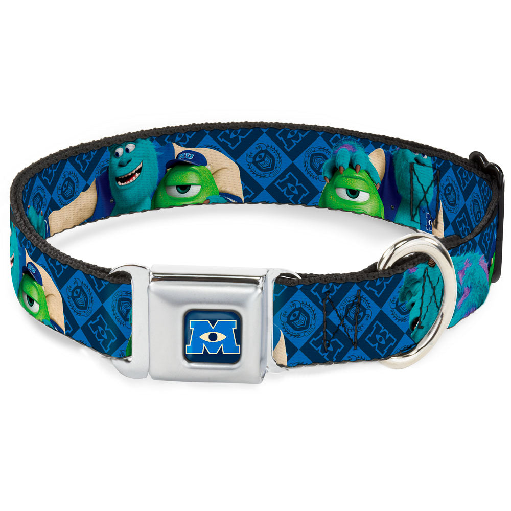 Monsters University Logo Full Color Blue White Seatbelt Buckle Collar - Monsters University Sulley &amp; Mike Poses/Checkers Blue