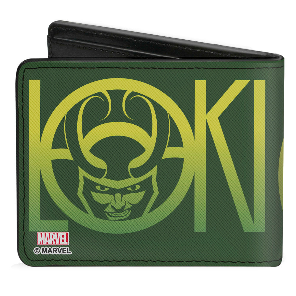 MARVEL AVENGERS Bi-Fold Wallet - Loki Face CLOSE-UP + Text Logo Greens Yellow