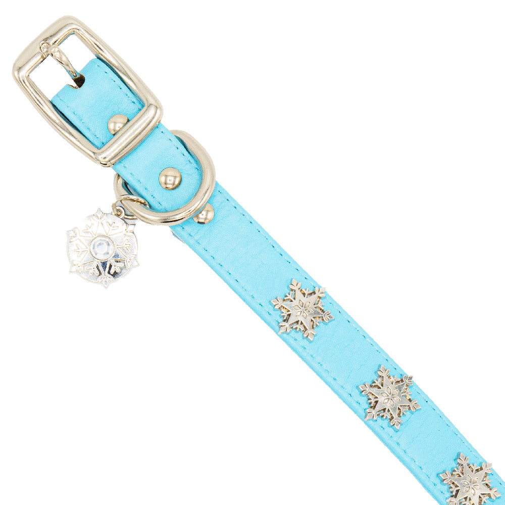 Vegan Leather Dog Collar - Frozen 2 Light Blue PU w Snowflake Embellishments &amp; Metal Charm