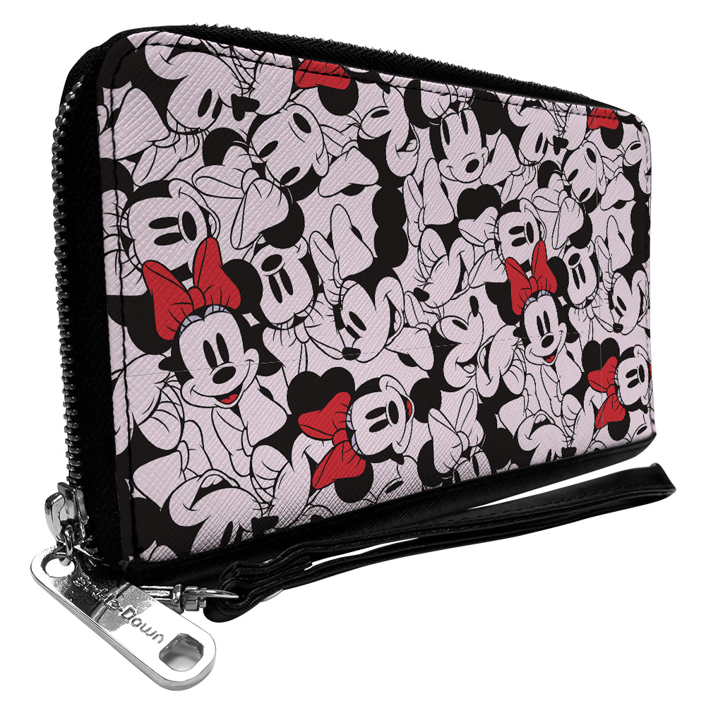 Women&#39;s PU Zip Around Wallet Rectangle - Minnie Mouse Expressions Stacked White Black Red