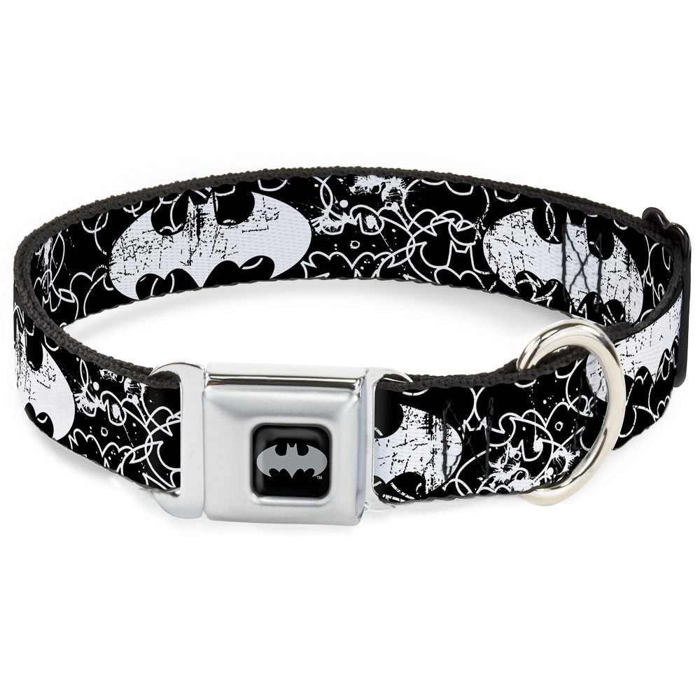 Batman Black Silver Seatbelt Buckle Collar - Batman Outlines Black/White