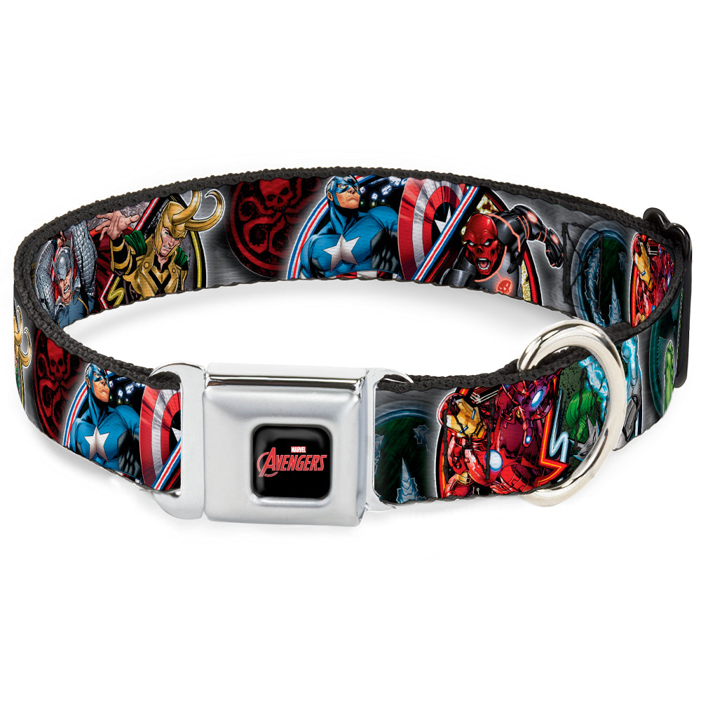 MARVEL AVENGERS Logo Full Color Black/Red/White Seatbelt Buckle Collar - Marvel Avengers Superhero/Villain Poses