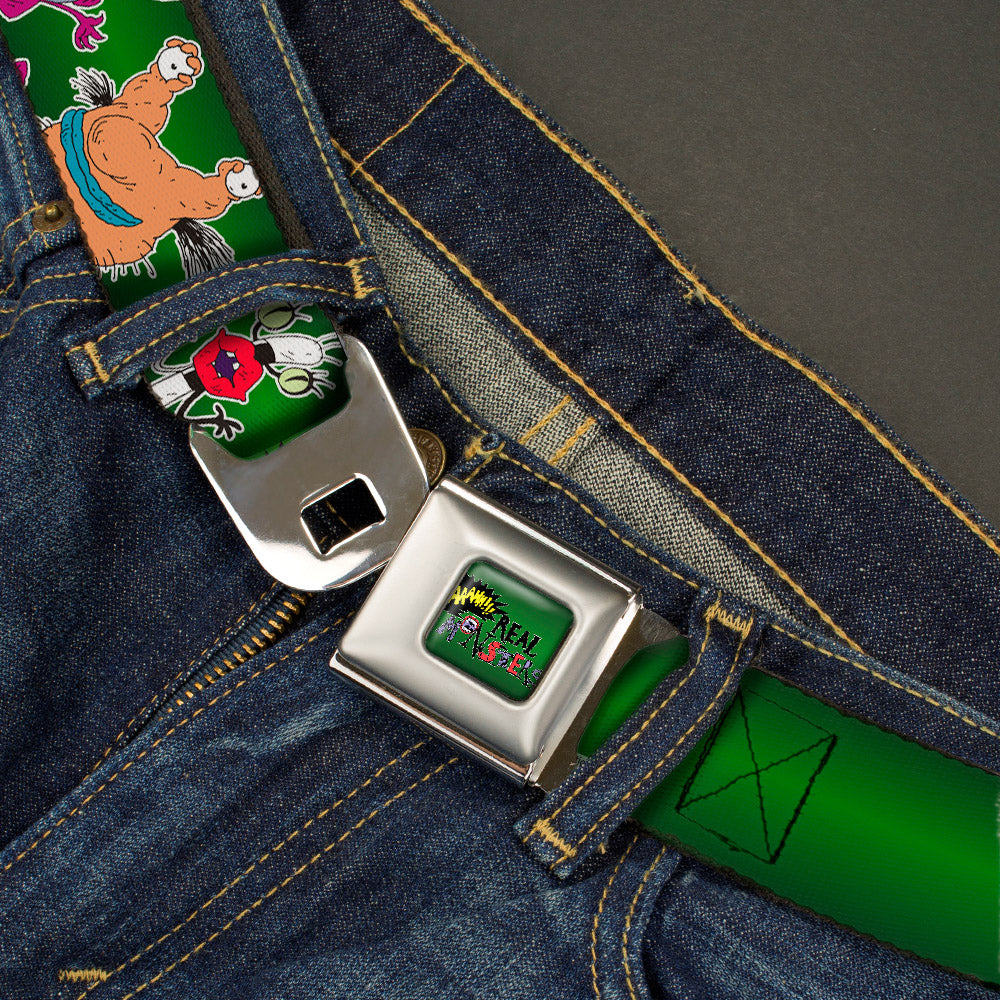 AAAHH!!! REAL MONSTERS Logo Full Color Green Seatbelt Belt - AAAHH!!! REAL MONSTERS Ickis/Krumm/Oblina Pose Green Webbing