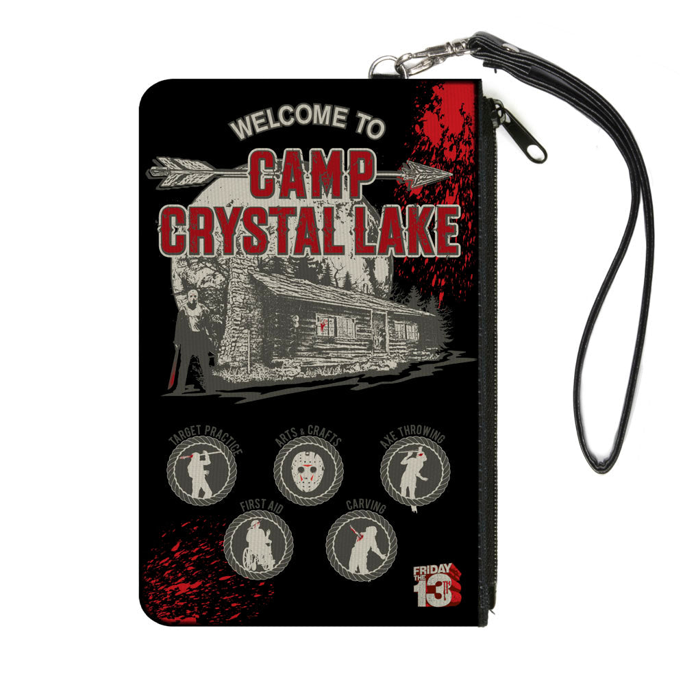 Canvas Zipper Wallet - SMALL - Friday the 13th WELCOME TO CAMP CRYSTAL LAKE Jason Cabin Badges Black Grays Reds