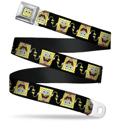 Sponge Bob Face CLOSE-UP Full Color Seatbelt Belt - SpongeBob 3-D Pose Flip Black Webbing