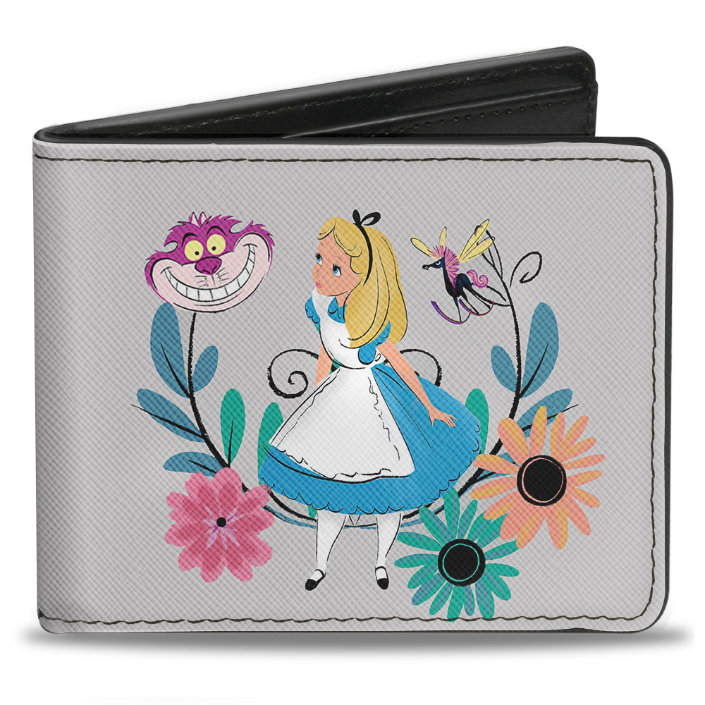 Bi-Fold Wallet - Alice Pose Cheshire Cat Face Flowers of Wonderland2 + Flower Trio Gray Multi Color